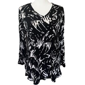 Chicos Travelers Women VNeck Tunic Blouse Abstract Print Black Sz 1 M 8/10 Artsy